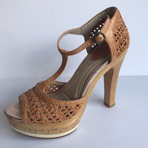 Frye Womens Kara Woven T Strap Heeled Sandals 6.5M
